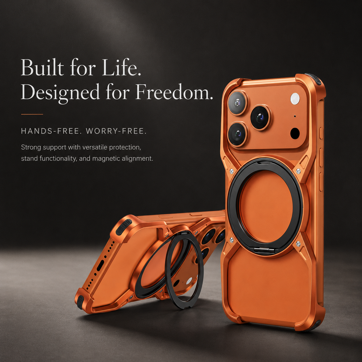 Premium iPhone Case MagSafe Compatible Aluminum Alloy Bumper Cover 360° Rotating Ring Stand Shockproof Camera Lens Protection