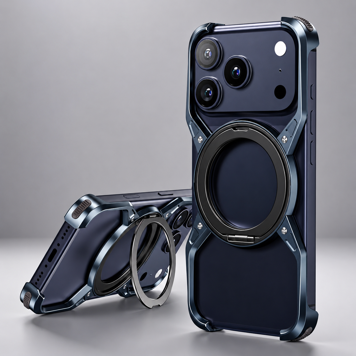 Premium iPhone Case MagSafe Compatible Aluminum Alloy Bumper Cover 360° Rotating Ring Stand Shockproof Camera Lens Protection