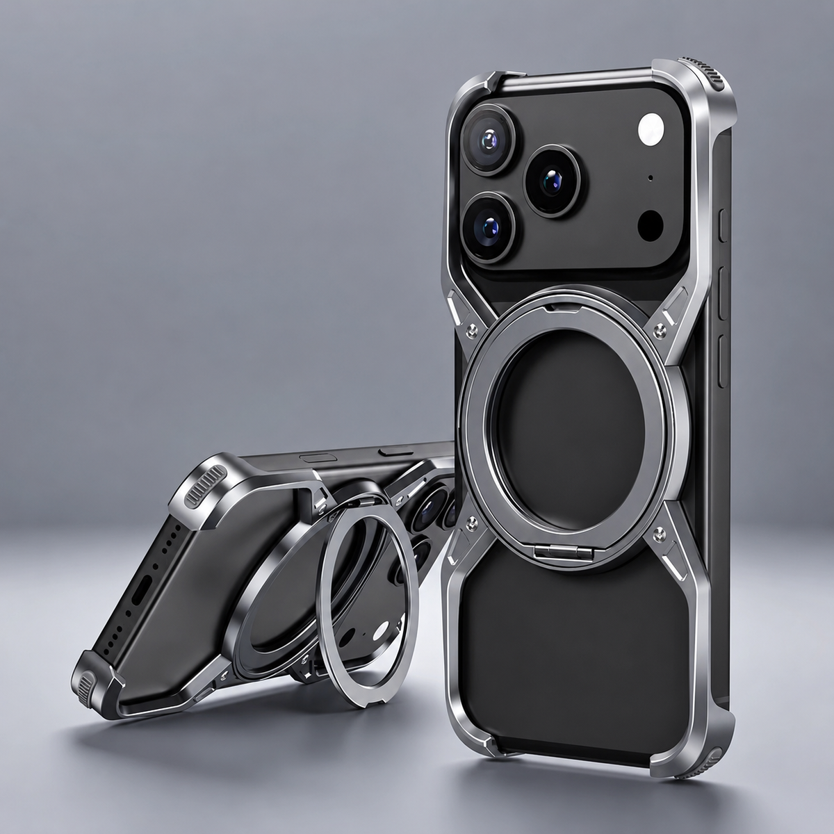 Premium iPhone Case MagSafe Compatible Aluminum Alloy Bumper Cover 360° Rotating Ring Stand Shockproof Camera Lens Protection