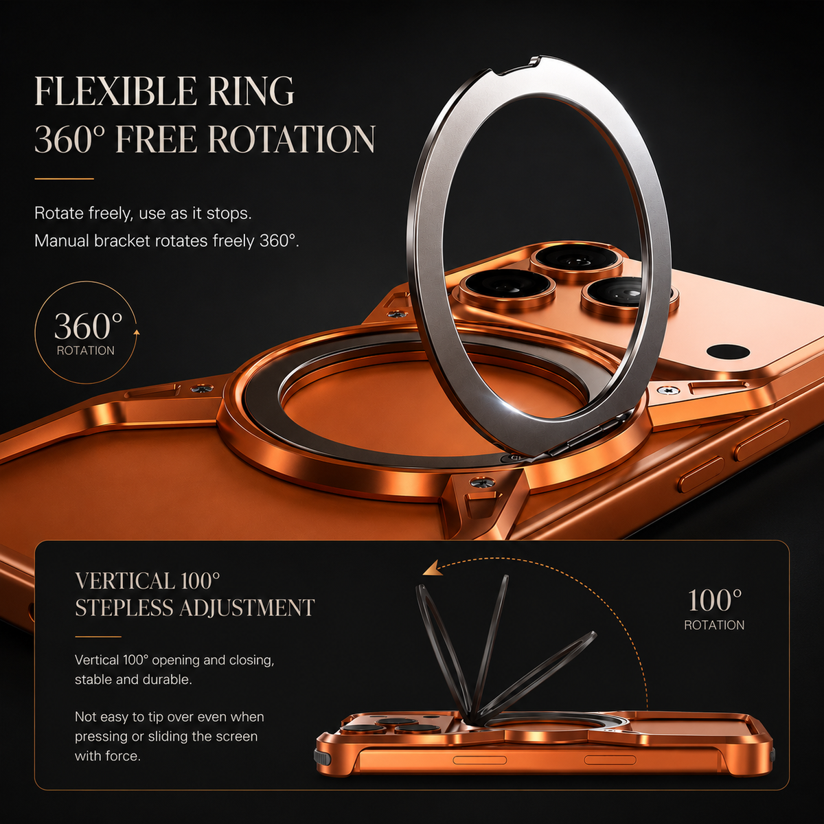 Premium iPhone Case MagSafe Compatible Aluminum Alloy Bumper Cover 360° Rotating Ring Stand Shockproof Camera Lens Protection