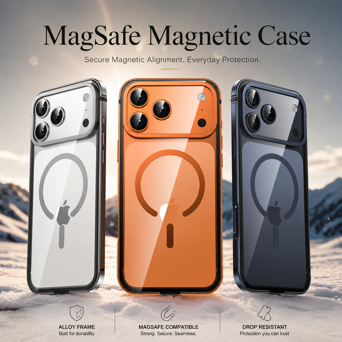 Premium iPhone Case MagSafe Compatible Aluminum Alloy Frame Cover Transparent Back Shockproof Camera Lens Protection