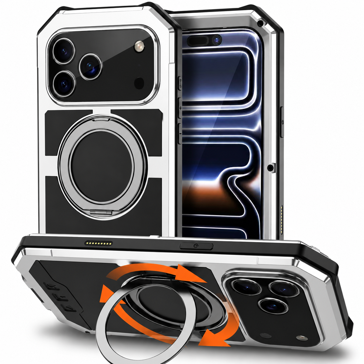 Premium iPhone Case MagSafe Compatible Aluminum Armor Frame Cover Built-in Kickstand Glass Screen Protection Shockproof Full Coverage
