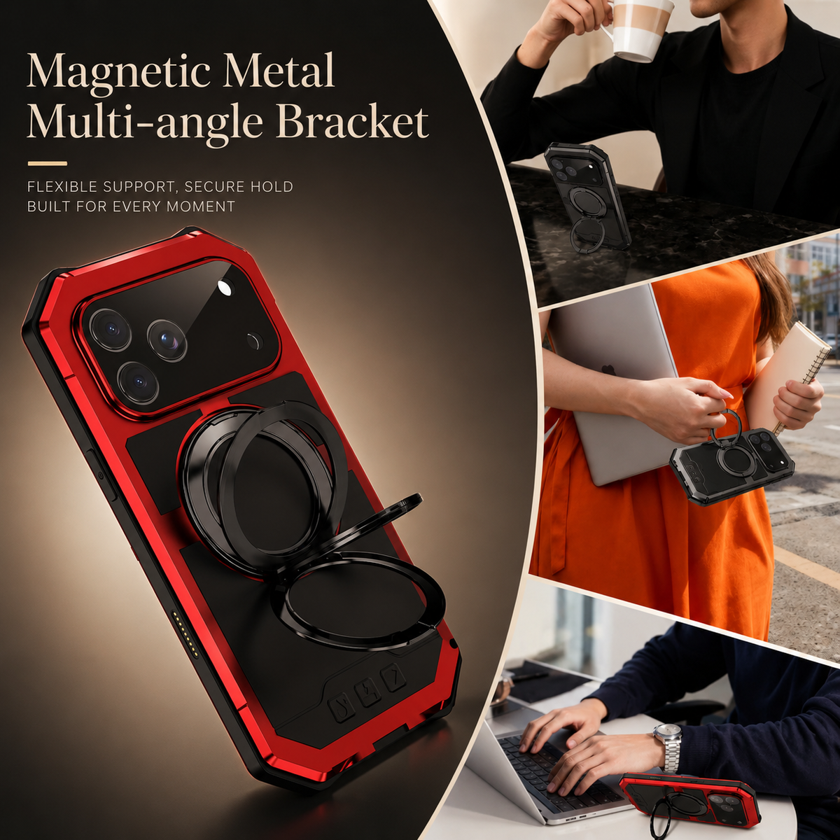 Premium iPhone Case MagSafe Compatible Aluminum Armor Frame Cover Built-in Kickstand Glass Screen Protection Shockproof Full Coverage