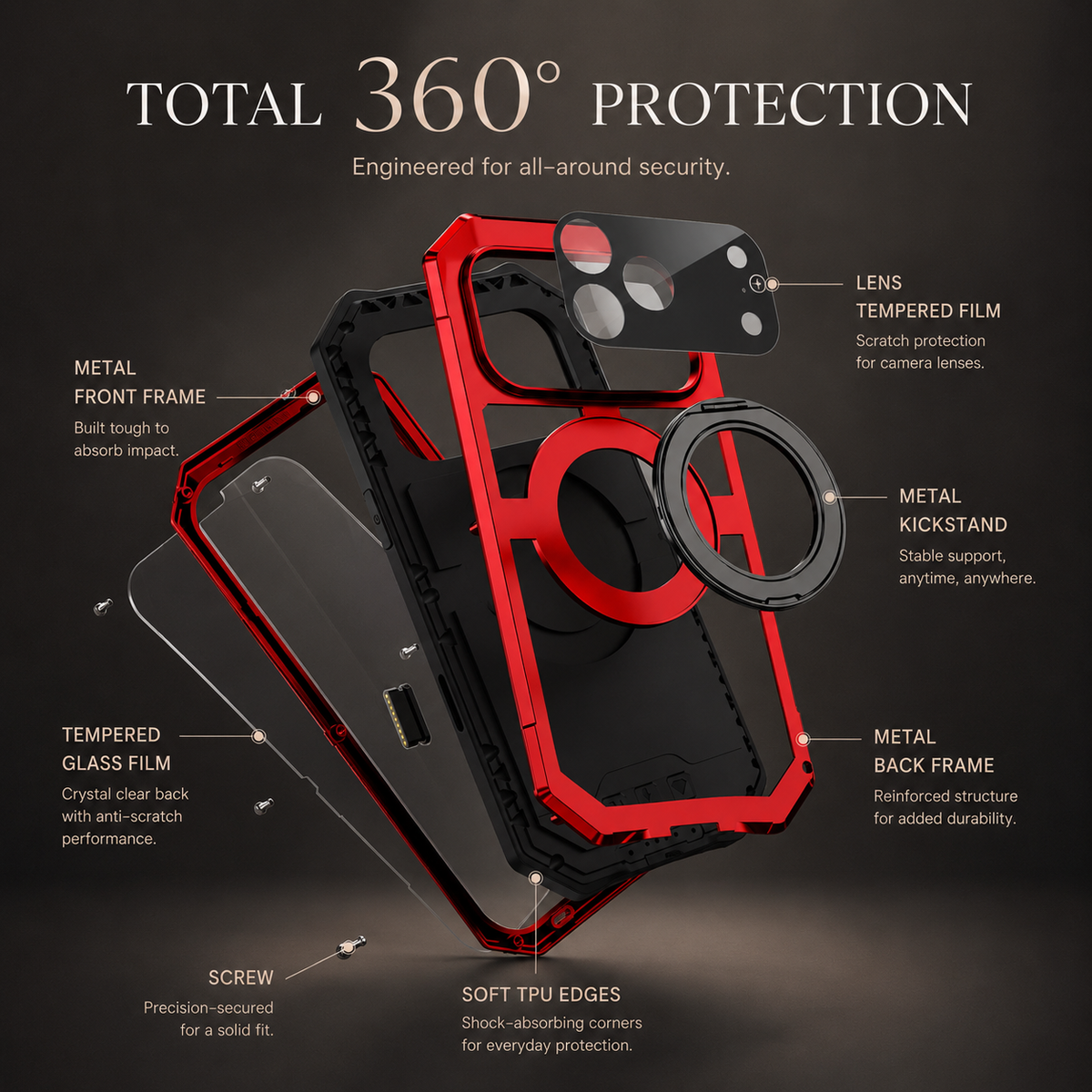Premium iPhone Case MagSafe Compatible Aluminum Armor Frame Cover Built-in Kickstand Glass Screen Protection Shockproof Full Coverage