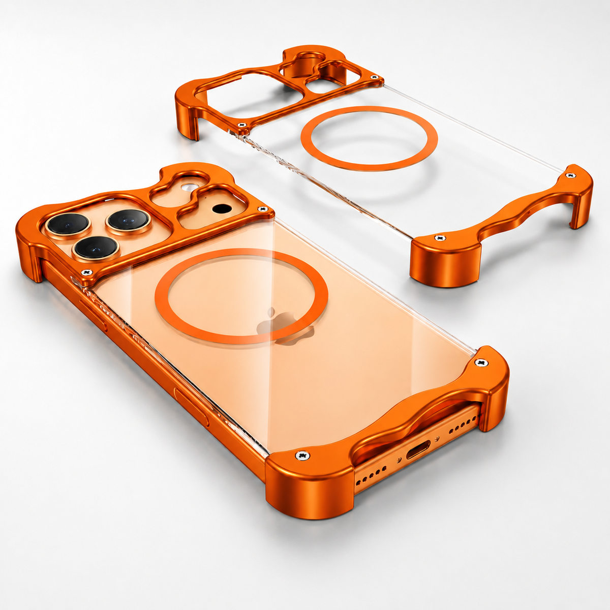 Premium iPhone Case MagSafe Compatible Aluminum Corner Bumper Cover Transparent Back Shockproof Frameless Protection