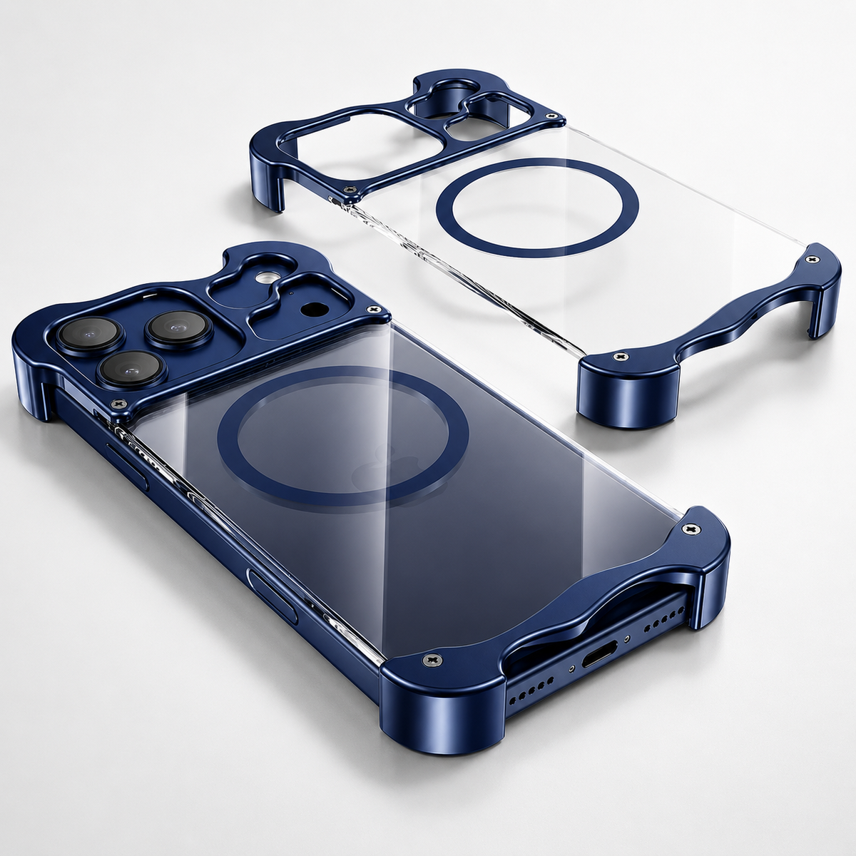 Premium iPhone Case MagSafe Compatible Aluminum Corner Bumper Cover Transparent Back Shockproof Frameless Protection
