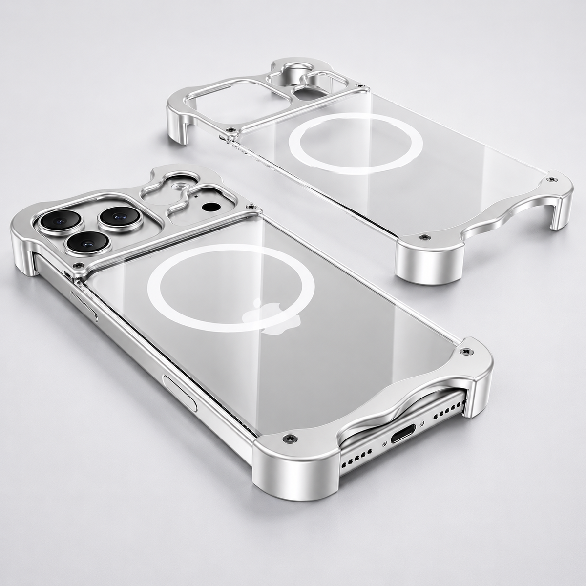 Premium iPhone Case MagSafe Compatible Aluminum Corner Bumper Cover Transparent Back Shockproof Frameless Protection