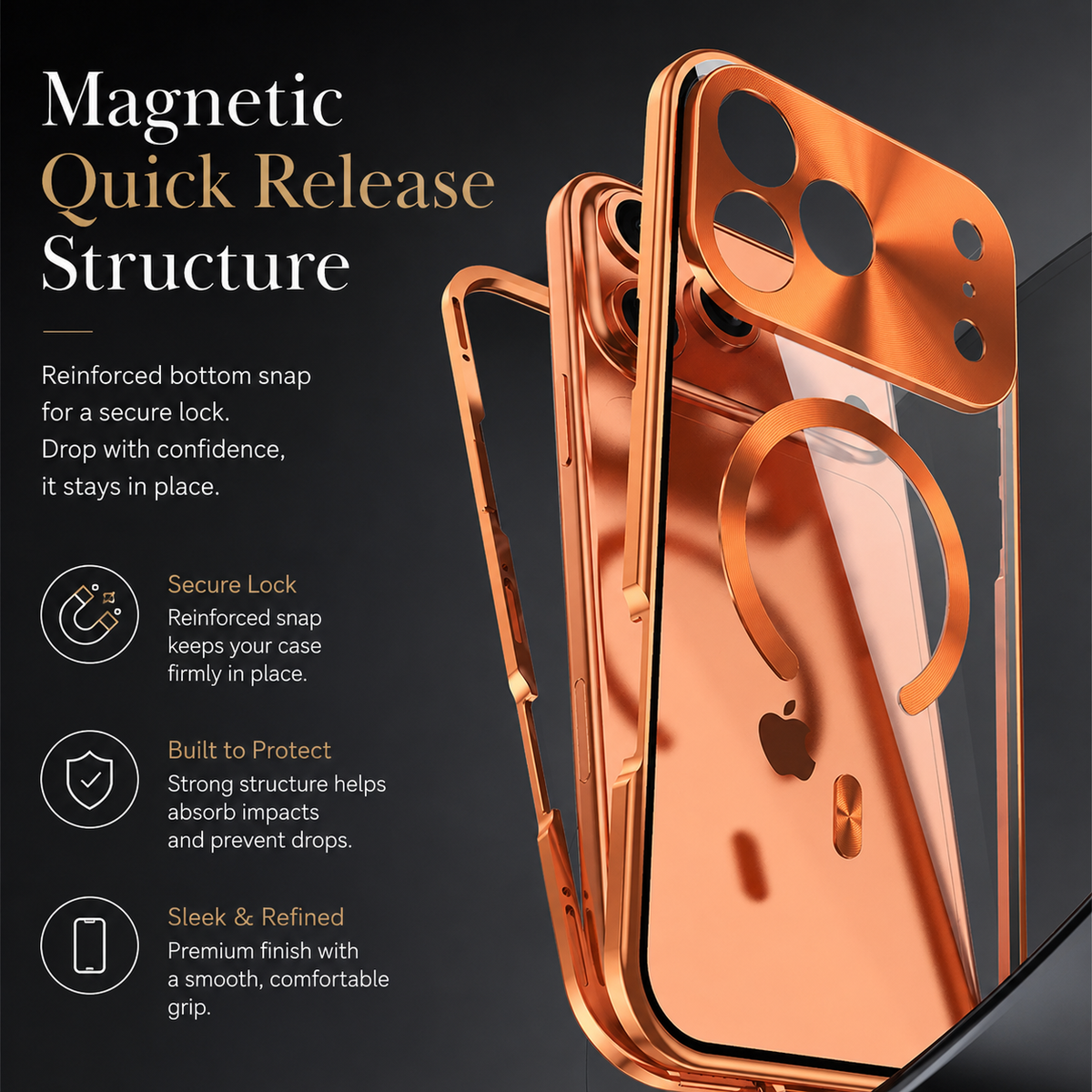 Premium iPhone Case MagSafe Compatible Aluminum Frame Cover Privacy Screen Protector Clear Back Shockproof Camera Lens Protection