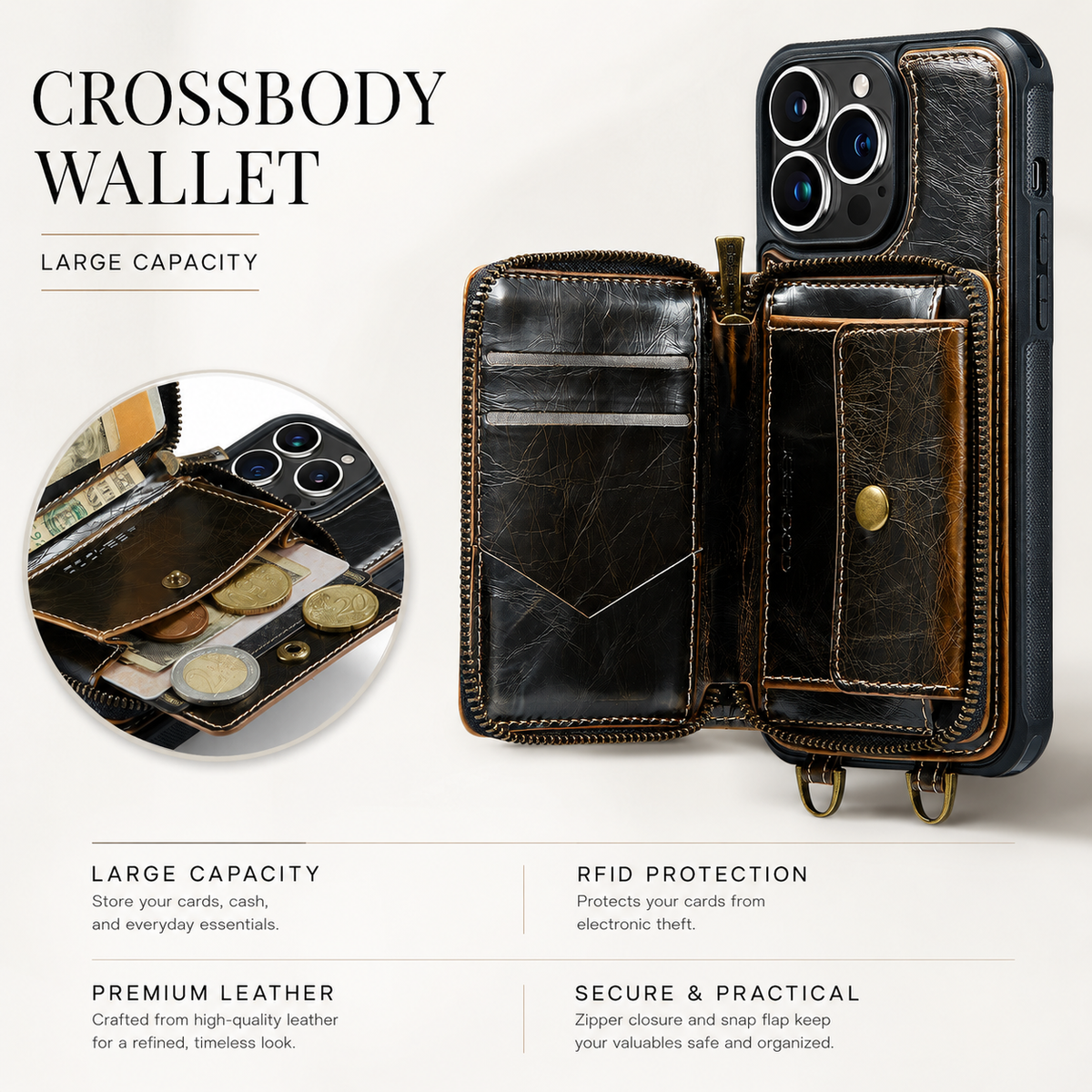 Premium iPhone Case MagSafe Compatible Crossbody Wallet Cover PU Leather Card Holder Stand Full Protection