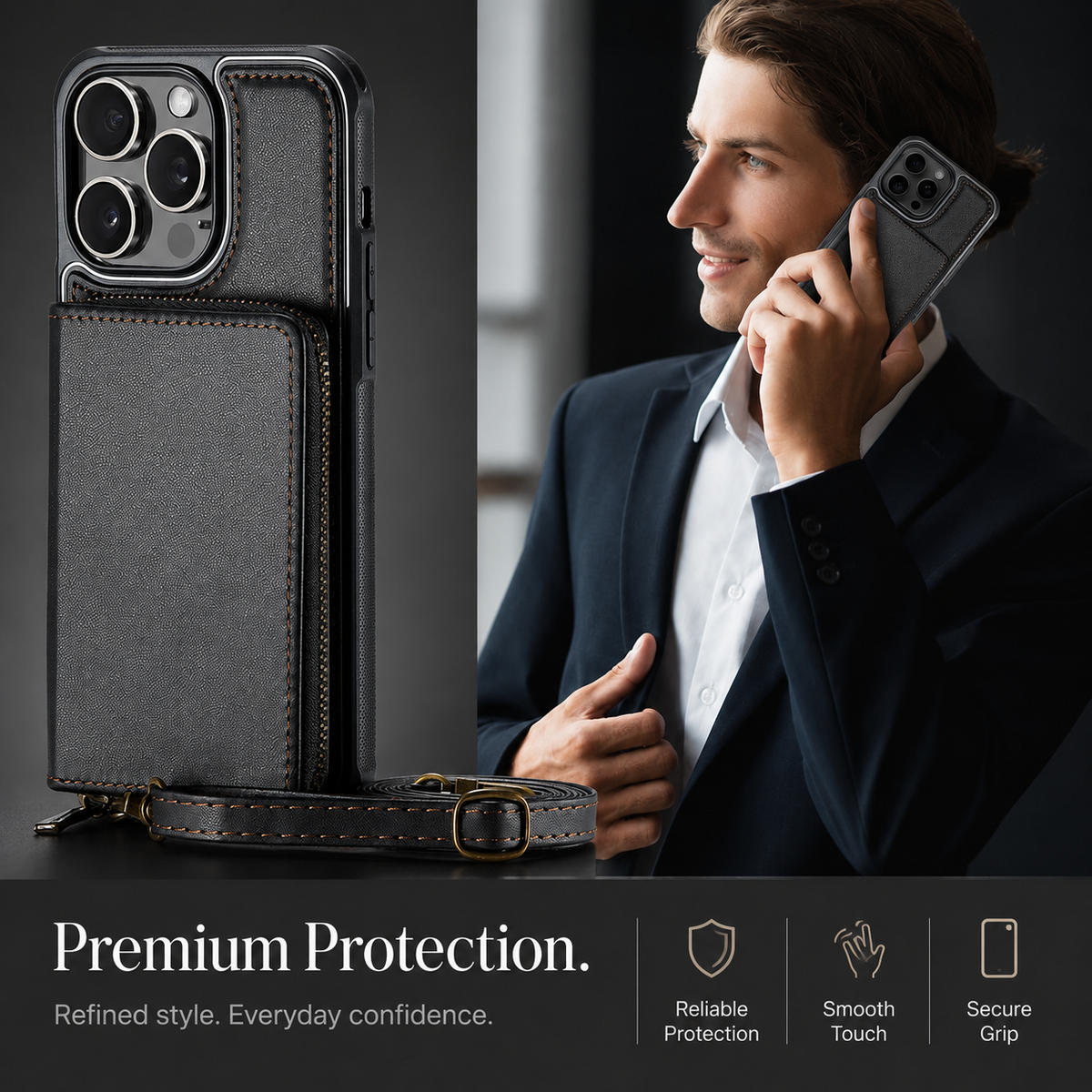 Premium iPhone Case MagSafe Compatible Crossbody Wallet Cover PU Leather Card Holder Stand Full Protection