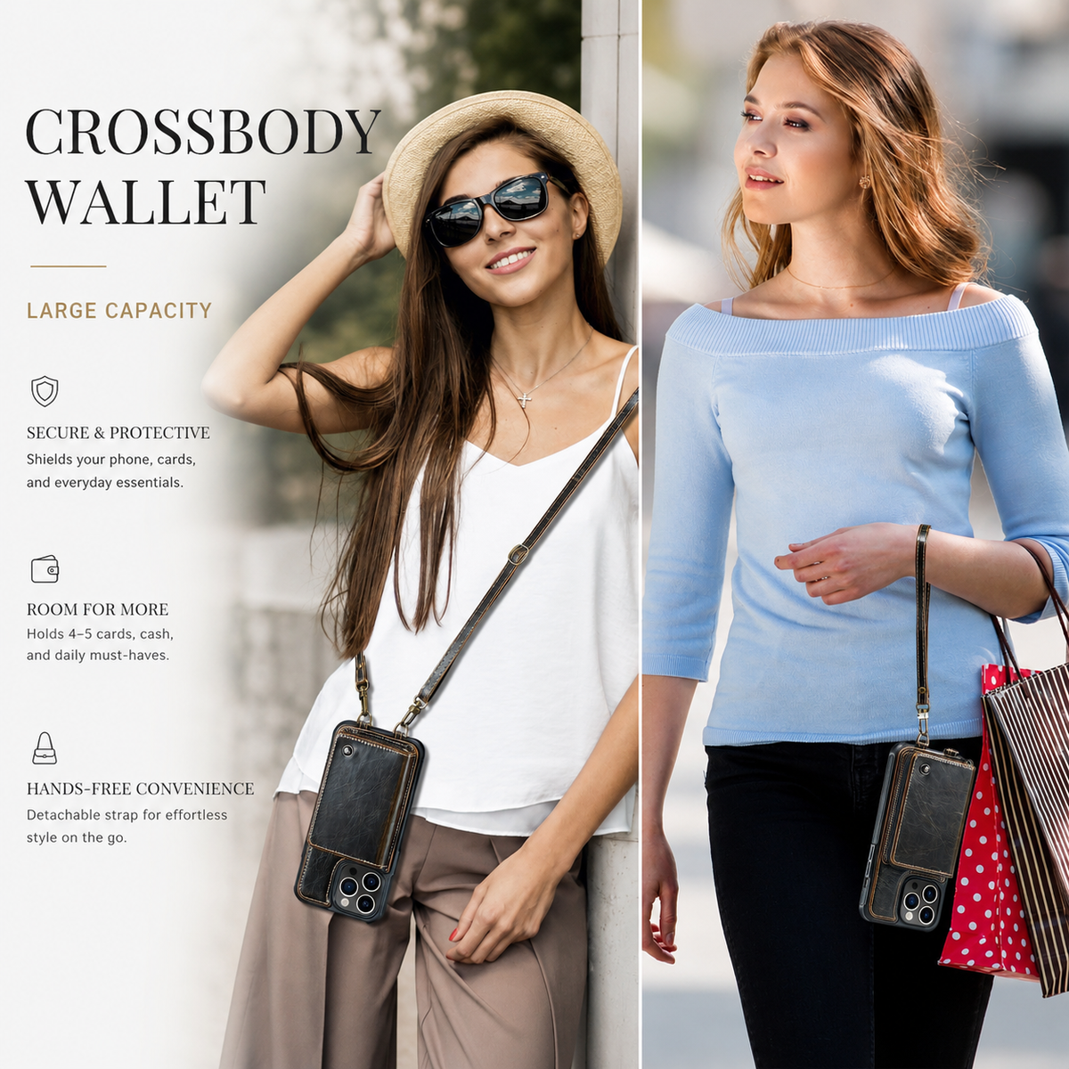 Premium iPhone Case MagSafe Compatible Crossbody Wallet Cover PU Leather Card Holder Stand Full Protection