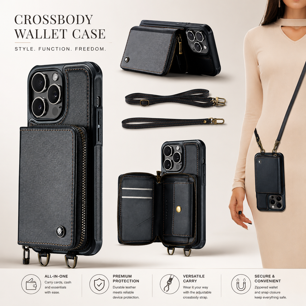 Premium iPhone Case MagSafe Compatible Crossbody Wallet Cover PU Leather Card Holder Stand Full Protection