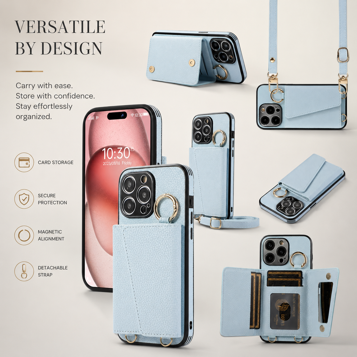 Premium iPhone Case MagSafe Compatible Crossbody Wallet Cover PU Leather Card Slots Ring Holder Full Protection