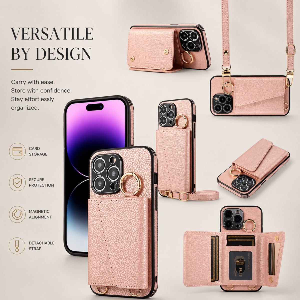 Premium iPhone Case MagSafe Compatible Crossbody Wallet Cover PU Leather Card Slots Ring Holder Full Protection