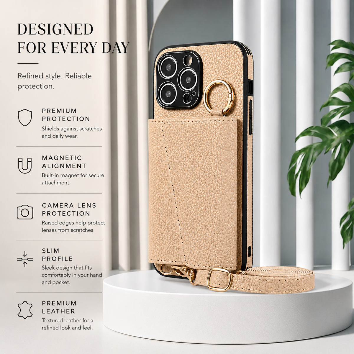 Premium iPhone Case MagSafe Compatible Crossbody Wallet Cover PU Leather Card Slots Ring Holder Full Protection