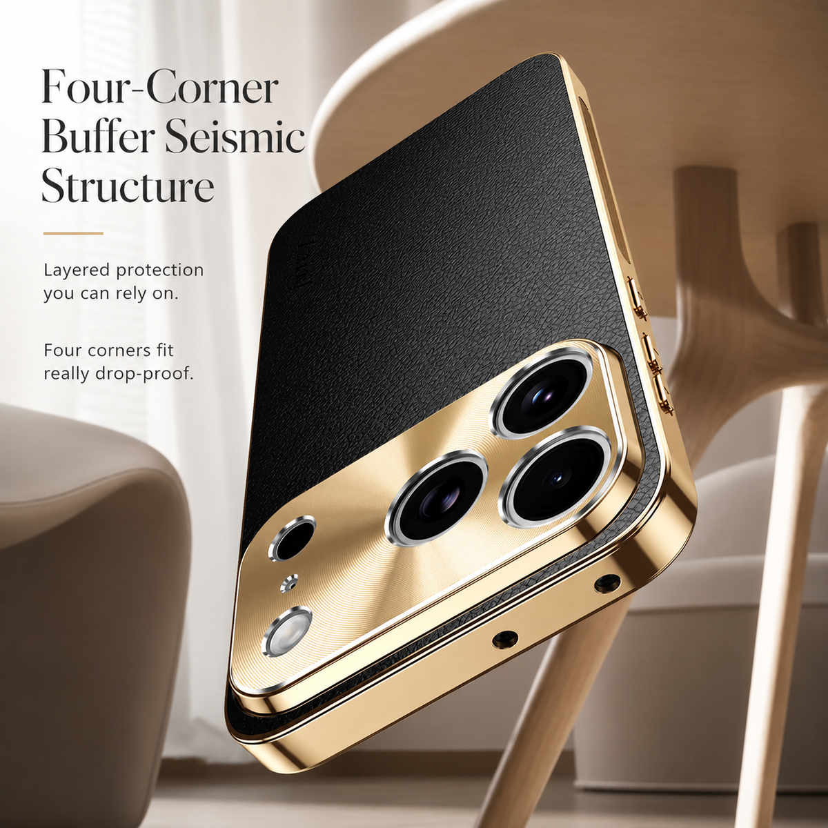 Premium iPhone Case MagSafe Compatible Lychee Texture Leather Cover Electroplated Frame Shockproof Camera Lens Protection Slim Design
