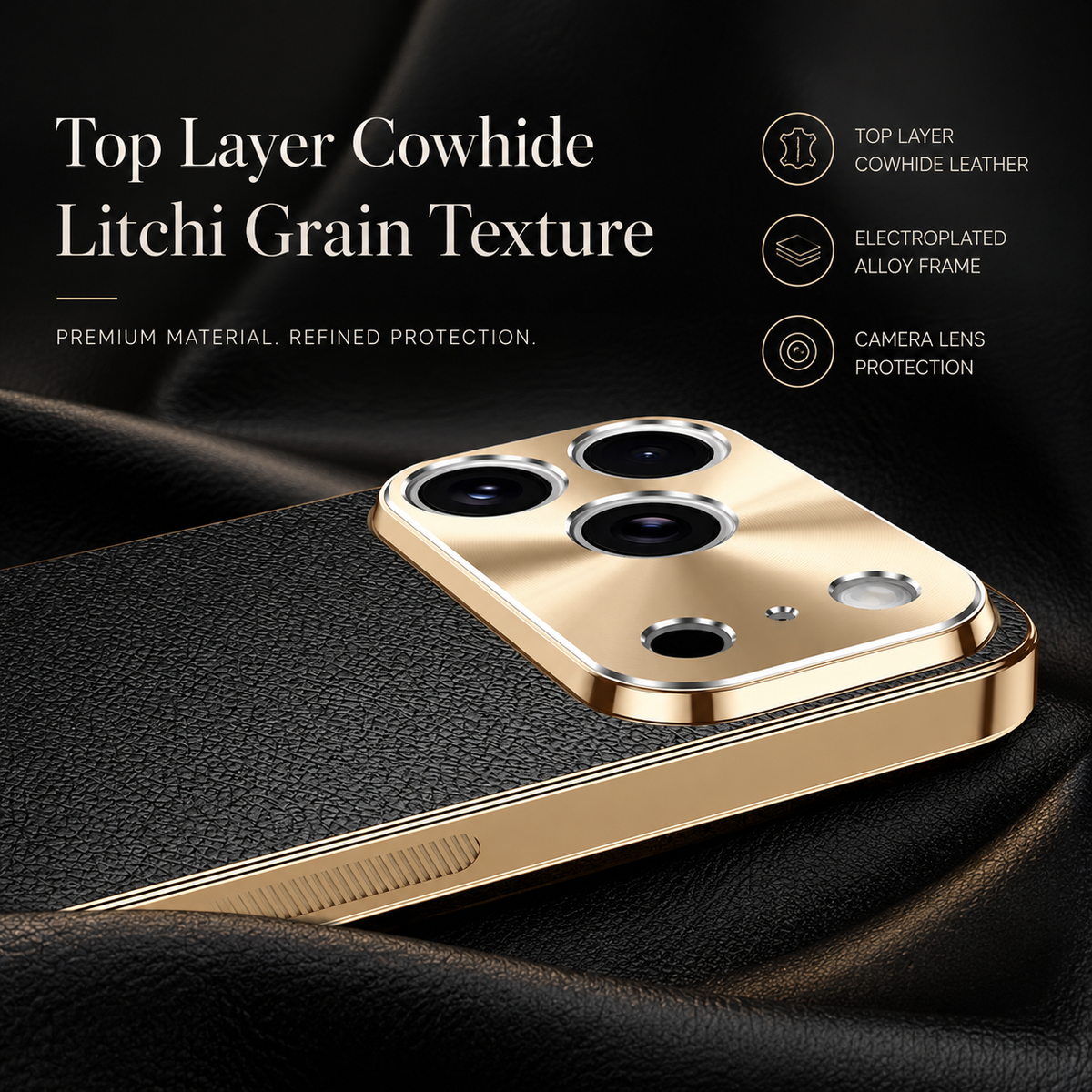 Premium iPhone Case MagSafe Compatible Lychee Texture Leather Cover Electroplated Frame Shockproof Camera Lens Protection Slim Design