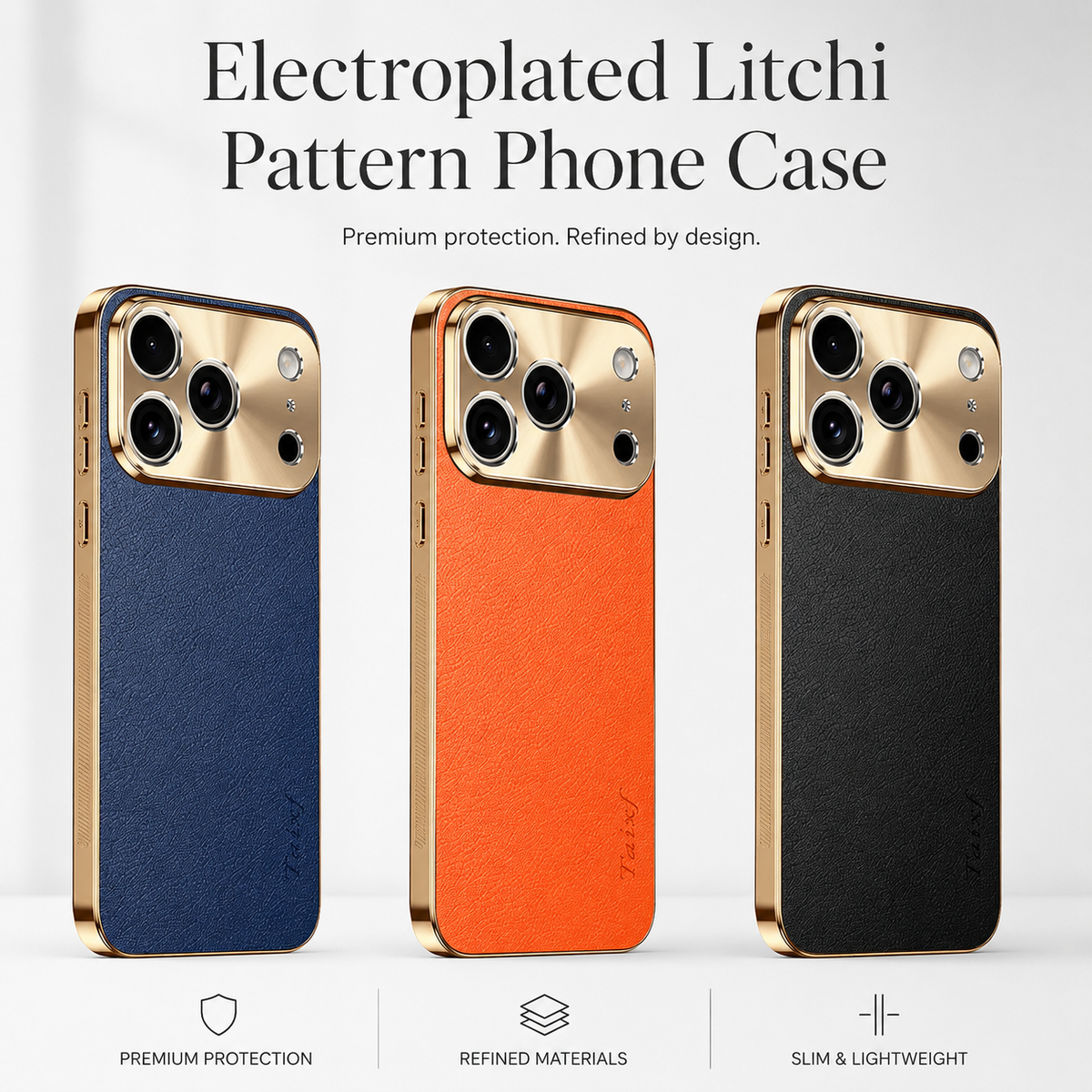 Premium iPhone Case MagSafe Compatible Lychee Texture Leather Cover Electroplated Frame Shockproof Camera Lens Protection Slim Design