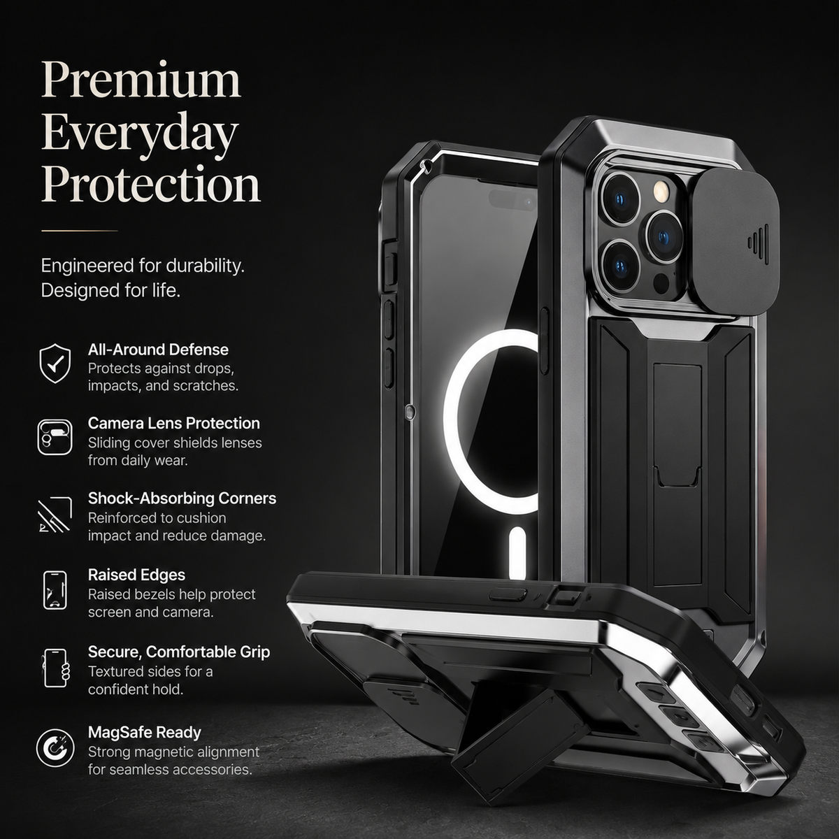 Premium iPhone Case MagSafe Compatible Military Heavy Duty Metal Armor Cover Full Body Protection
