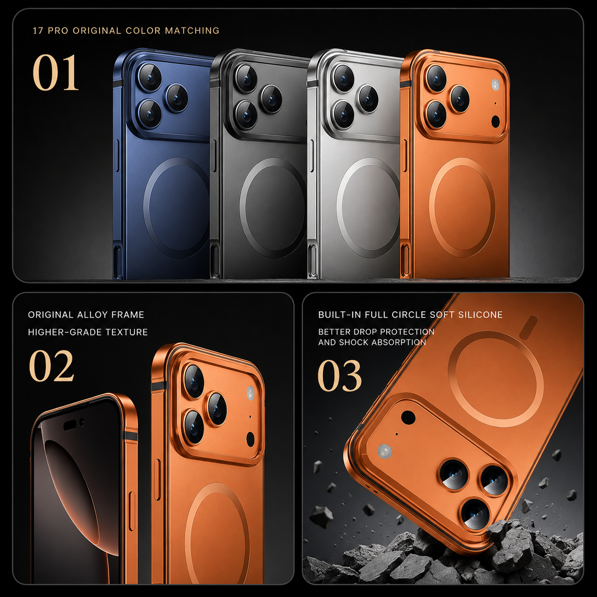 Premium iPhone Case MagSafe Compatible Orange Aluminum Alloy Cover Shockproof Matte Protection