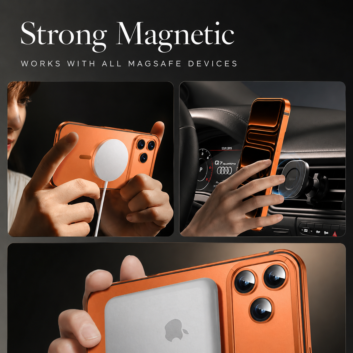 Premium iPhone Case MagSafe Compatible Orange Aluminum Alloy Cover Shockproof Matte Protection