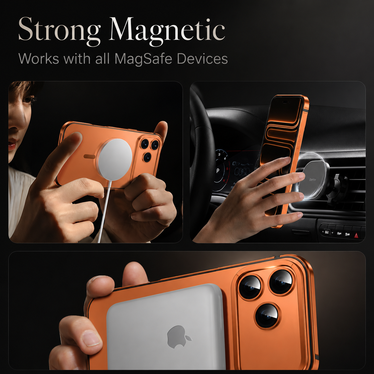 Premium iPhone Case MagSafe Compatible Orange Aluminum Metal Cover Shockproof Matte Protection