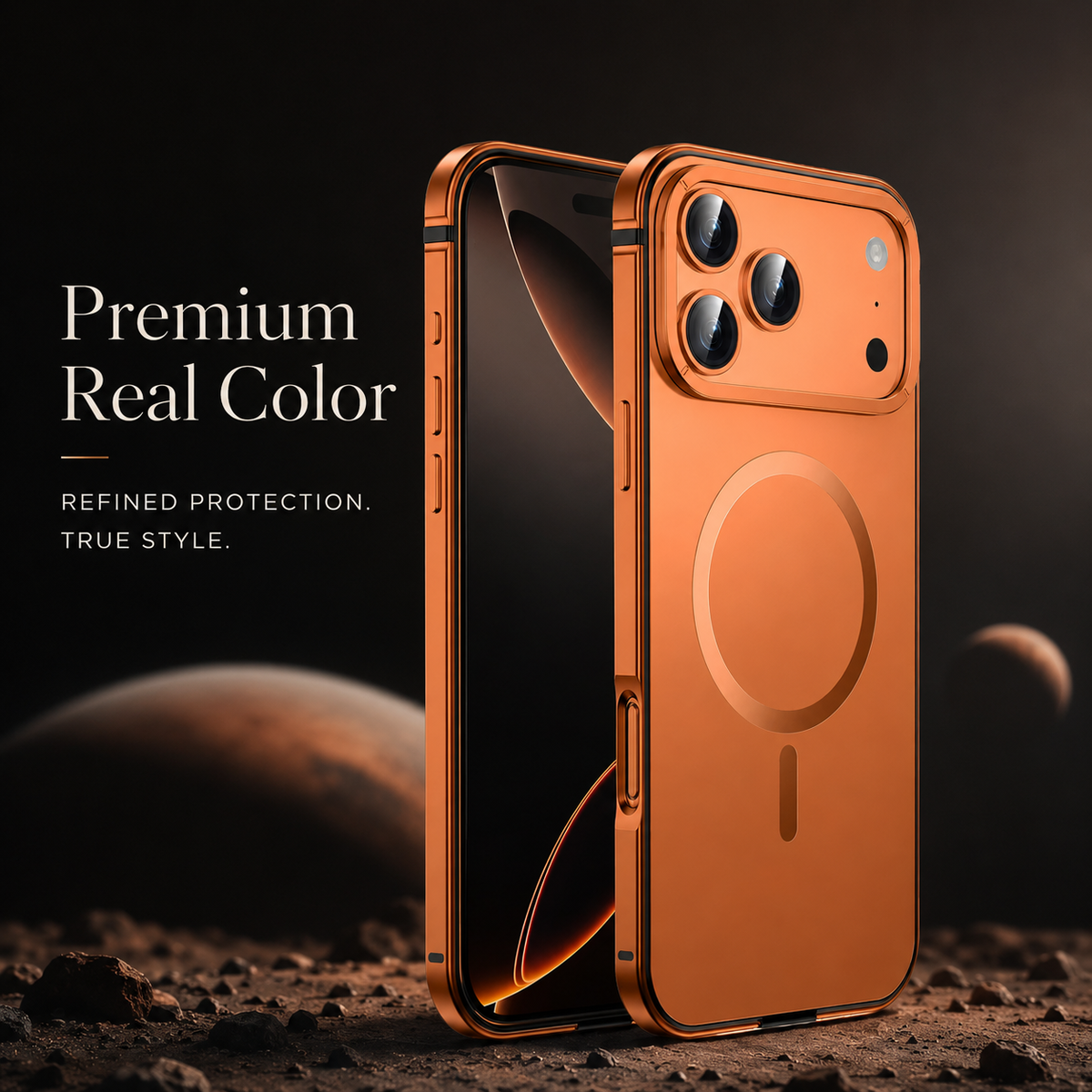 Premium iPhone Case MagSafe Compatible Orange Aluminum Metal Cover Shockproof Matte Protection