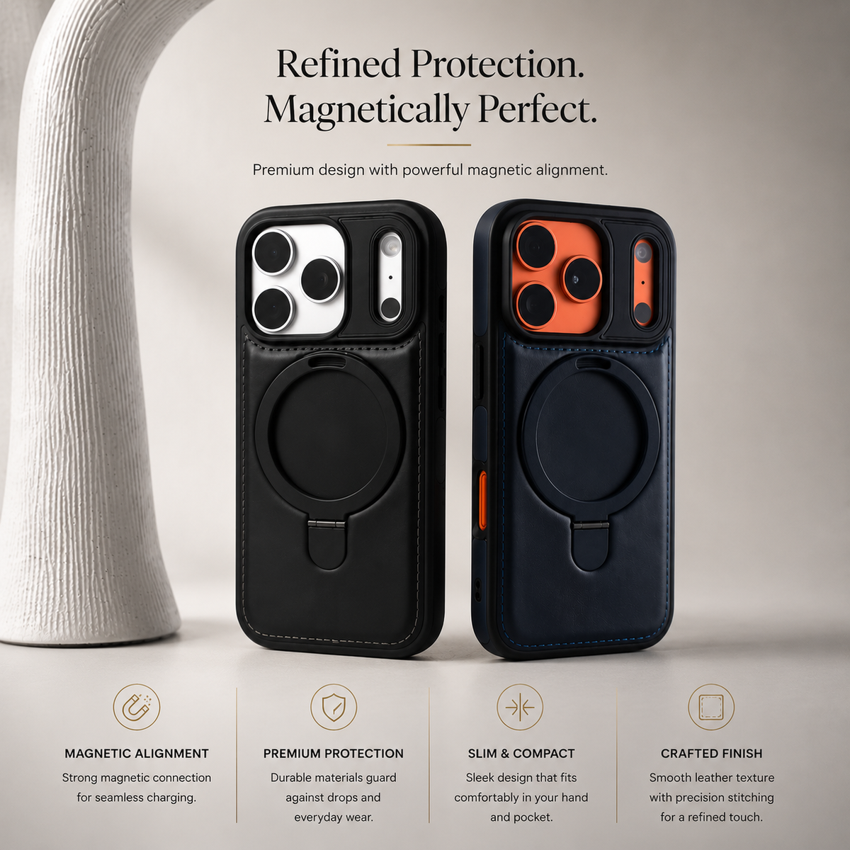 Premium iPhone Case MagSafe Compatible Retro Leather Protective Cover Invisible Kickstand Shockproof Slim Business Full Coverage