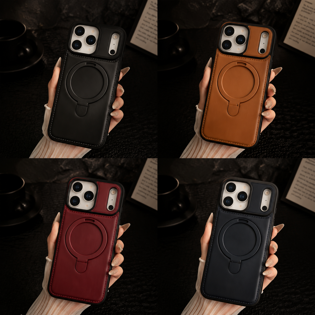Premium iPhone Case MagSafe Compatible Retro Leather Protective Cover Invisible Kickstand Shockproof Slim Business Full Coverage