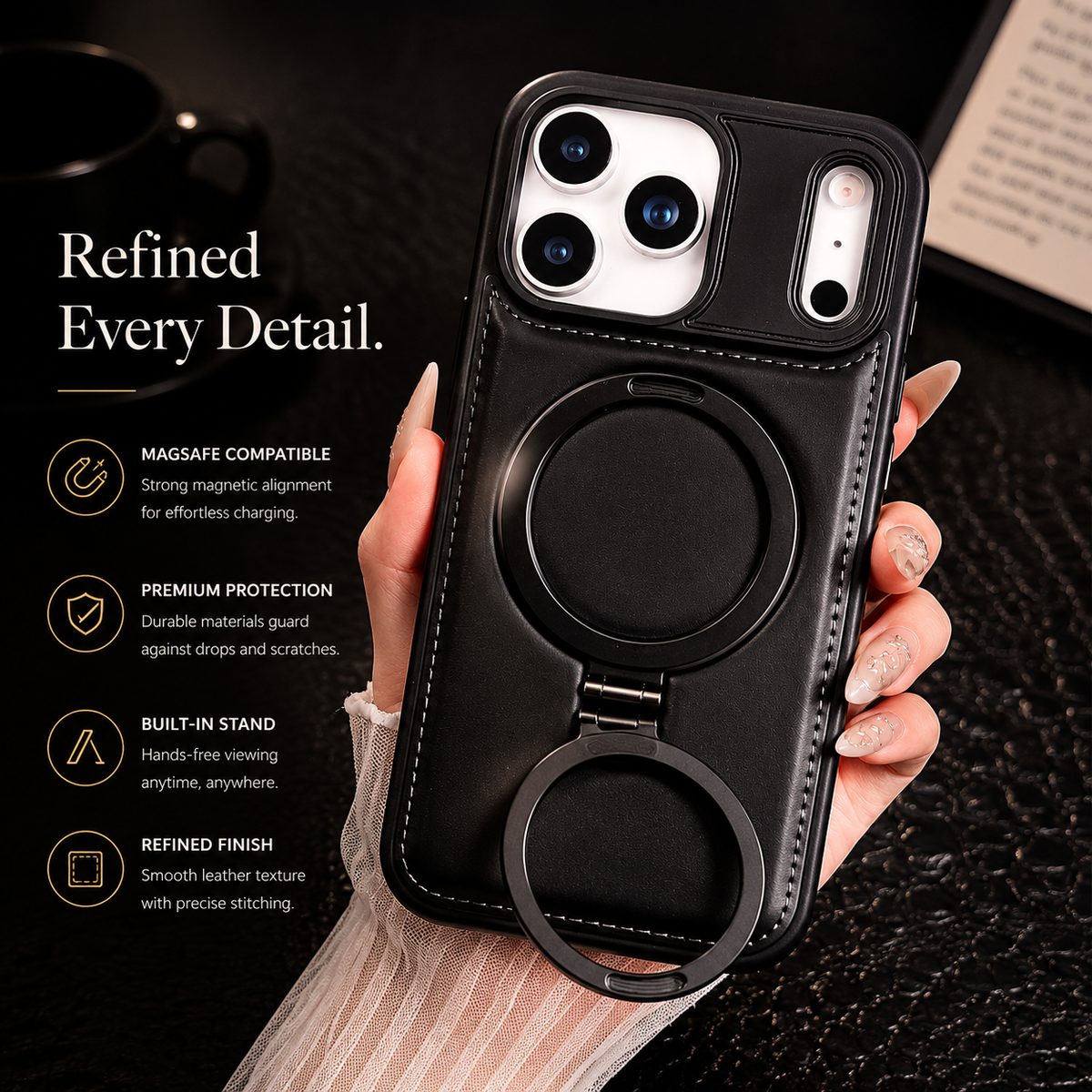 Premium iPhone Case MagSafe Compatible Retro Leather Protective Cover Invisible Kickstand Shockproof Slim Business Full Coverage