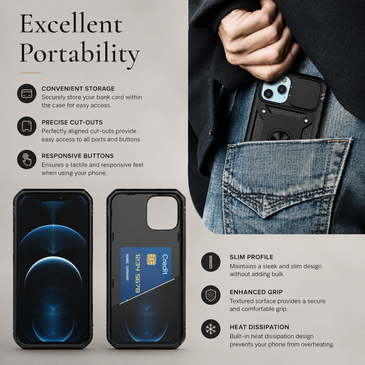 Premium iPhone Case MagSafe Compatible Rugged Armor Card Holder Cover Kickstand Protection