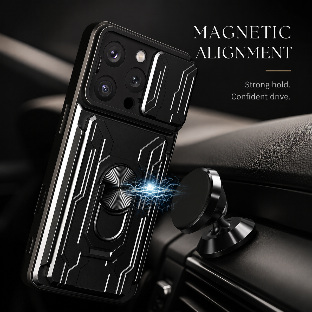 Premium iPhone Case MagSafe Compatible Rugged Armor Card Holder Cover Ring Stand Protection