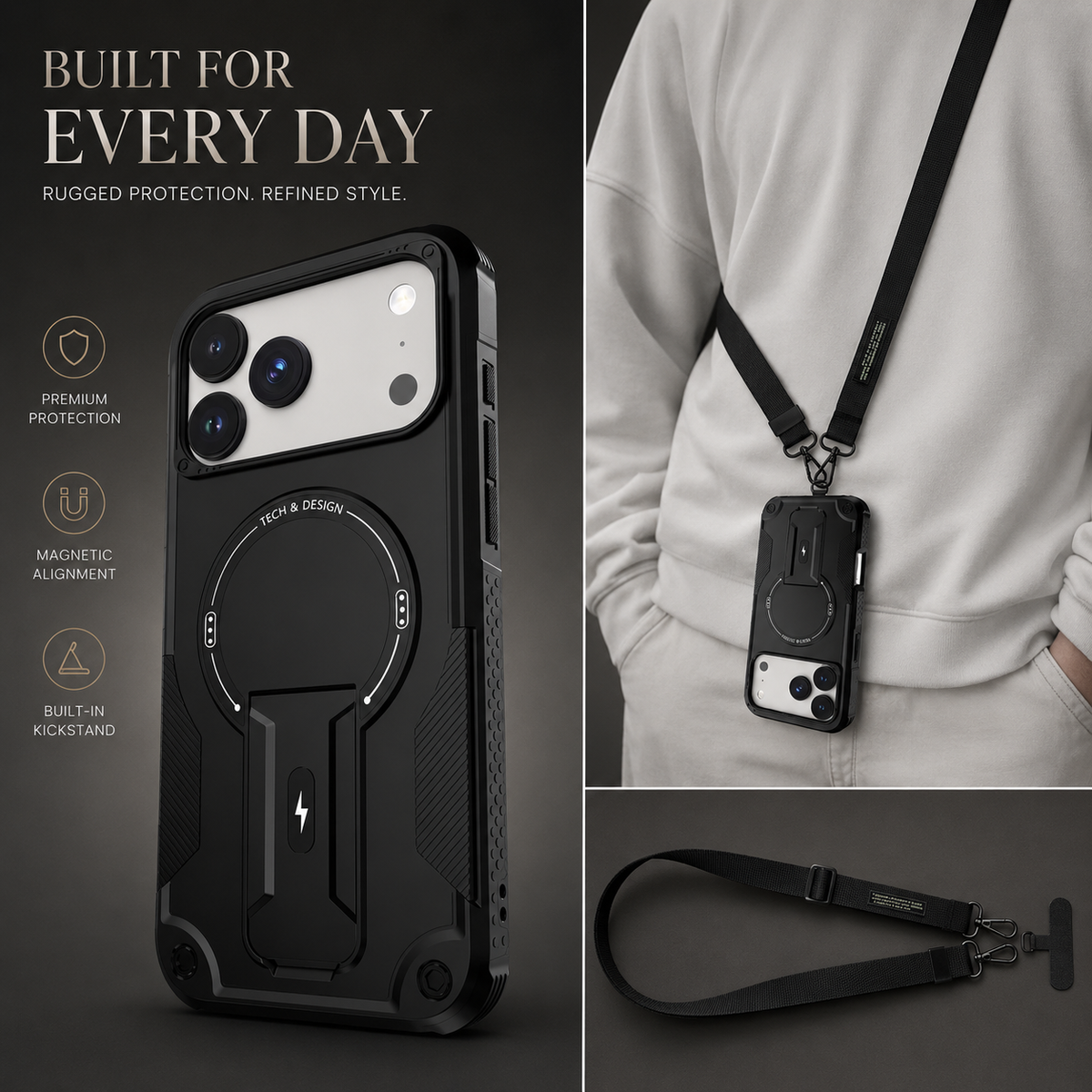 Premium iPhone Case MagSafe Compatible Rugged Hybrid Cover Kickstand Lanyard Protection