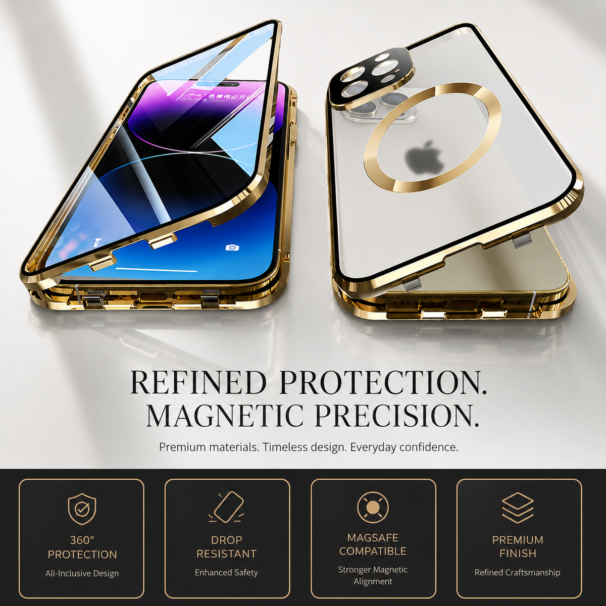 Premium iPhone Case MagSafe Compatible Transparent Aluminum Frame Cover Full Protection