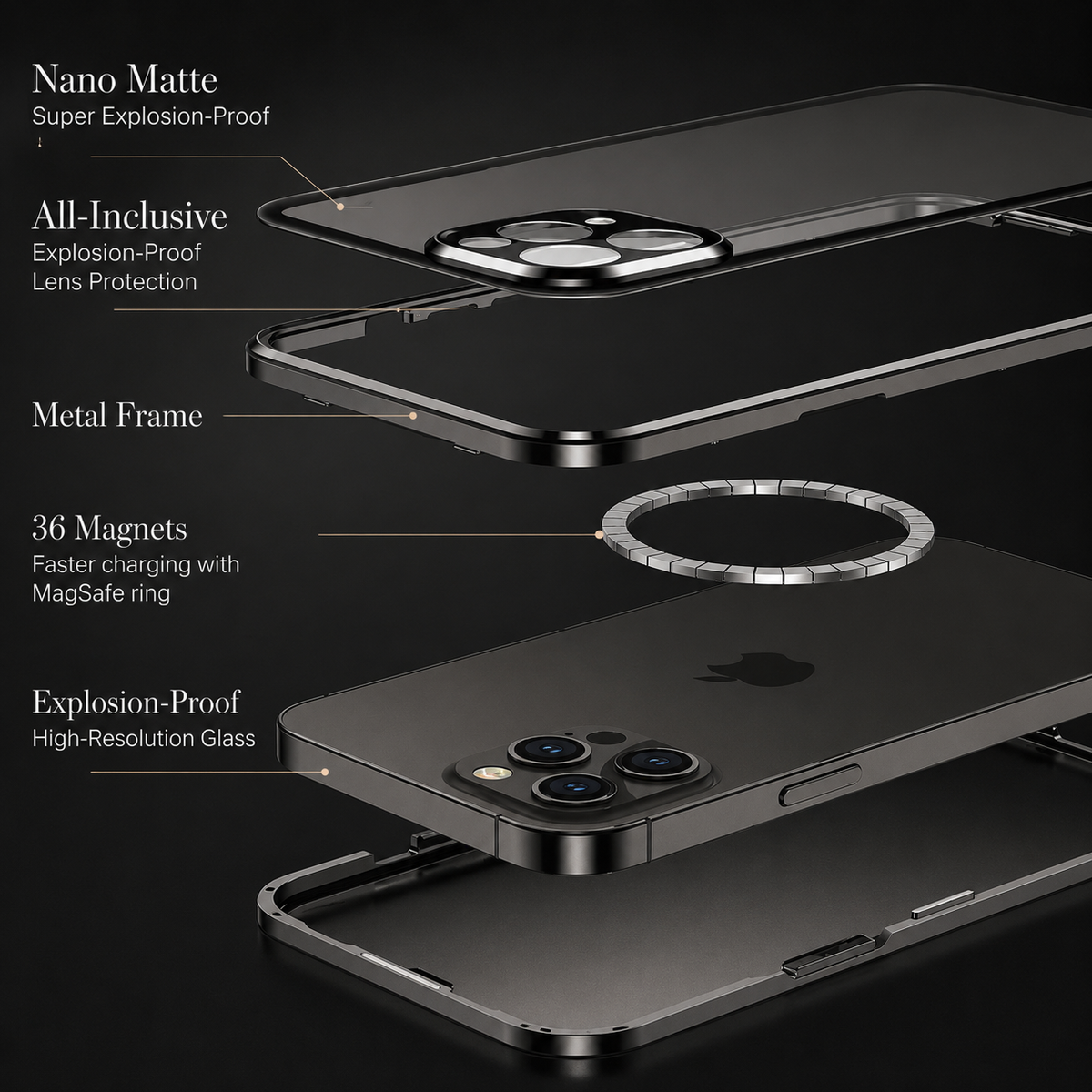 Premium iPhone Case MagSafe Compatible Transparent Aluminum Frame Cover Full Protection