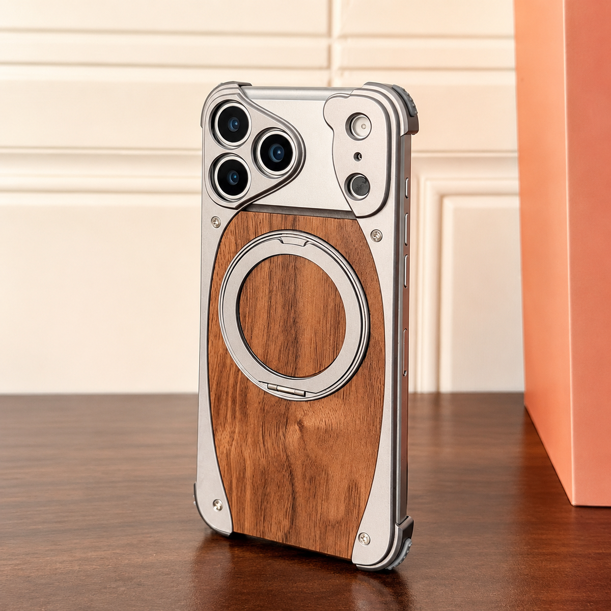 Premium iPhone Case MagSafe Compatible Walnut Wood Aluminum Cover Shockproof Protection
