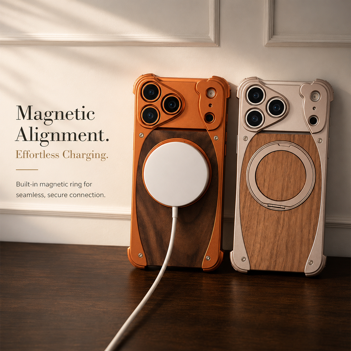 Premium iPhone Case MagSafe Compatible Walnut Wood Aluminum Cover Shockproof Protection