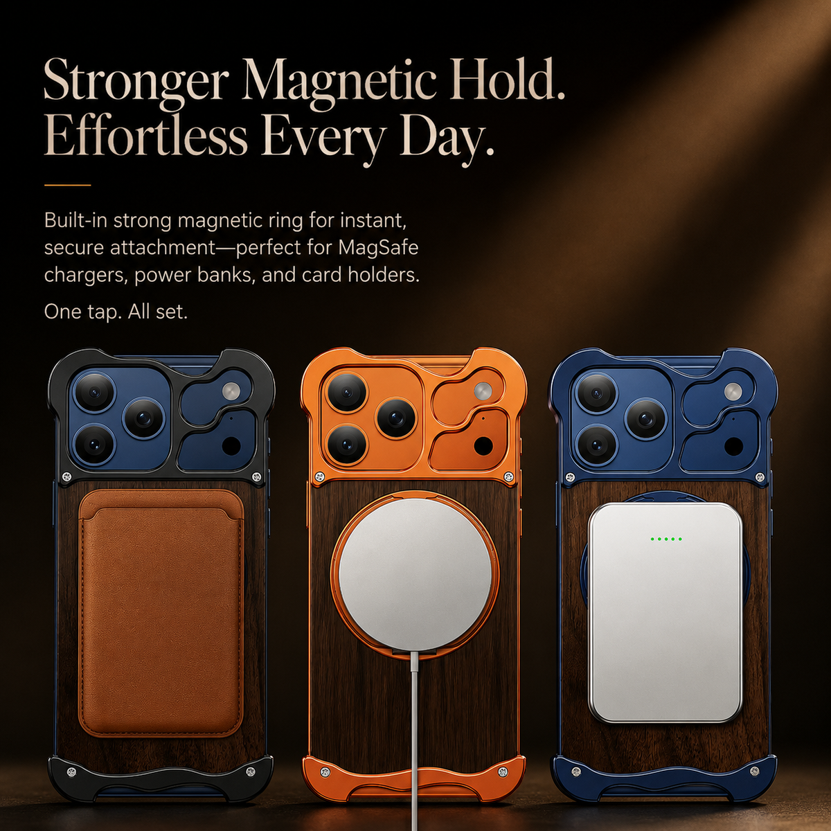 Premium iPhone Case MagSafe Compatible Wood Back Cover Aluminum Frame 360° Rotating Ring Stand Shockproof Protection