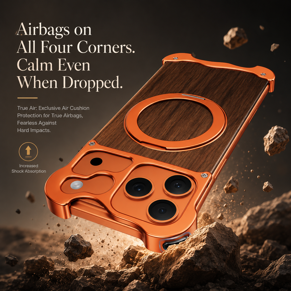 Premium iPhone Case MagSafe Compatible Wood Back Cover Aluminum Frame 360° Rotating Ring Stand Shockproof Protection