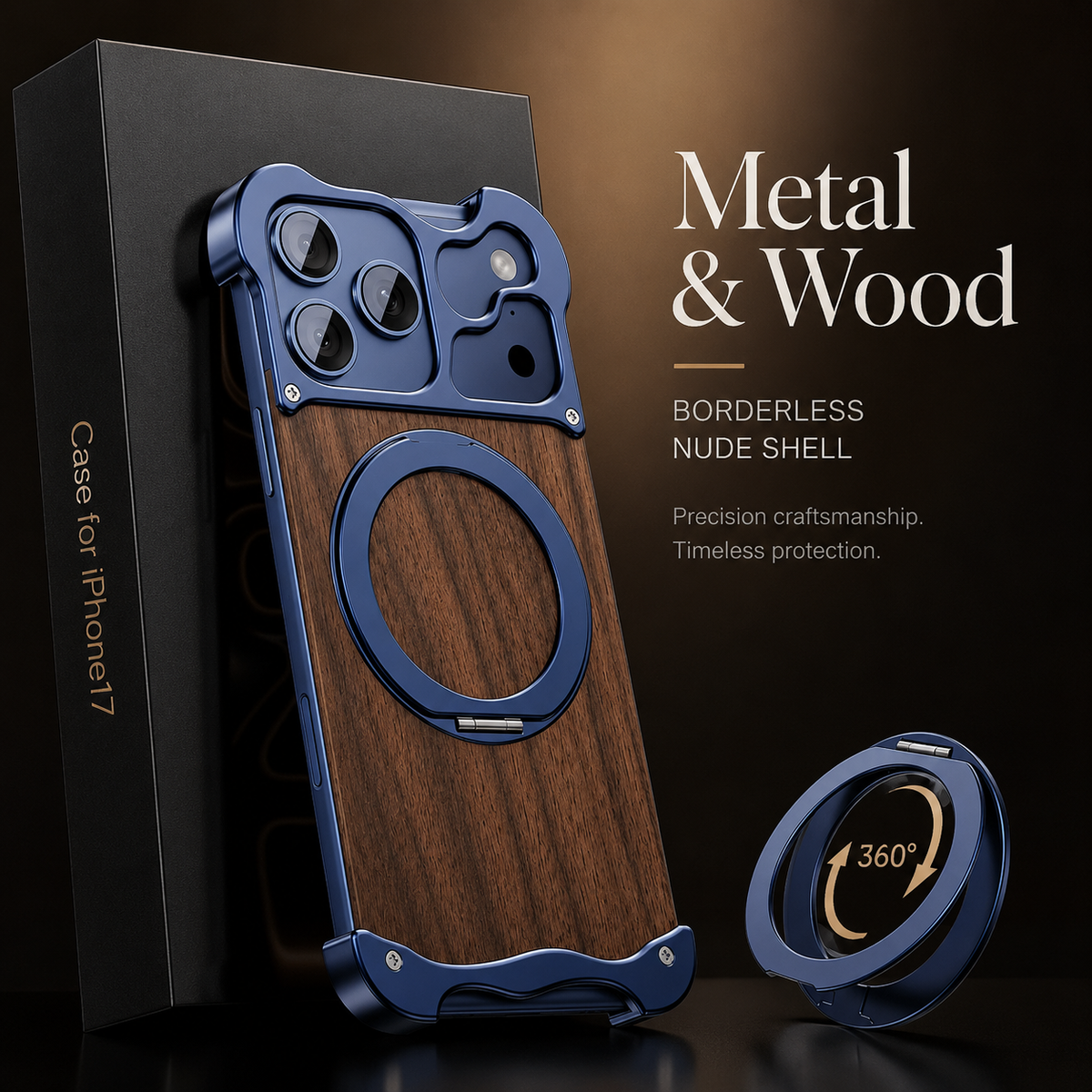 Premium iPhone Case MagSafe Compatible Wood Back Cover Aluminum Frame 360° Rotating Ring Stand Shockproof Protection