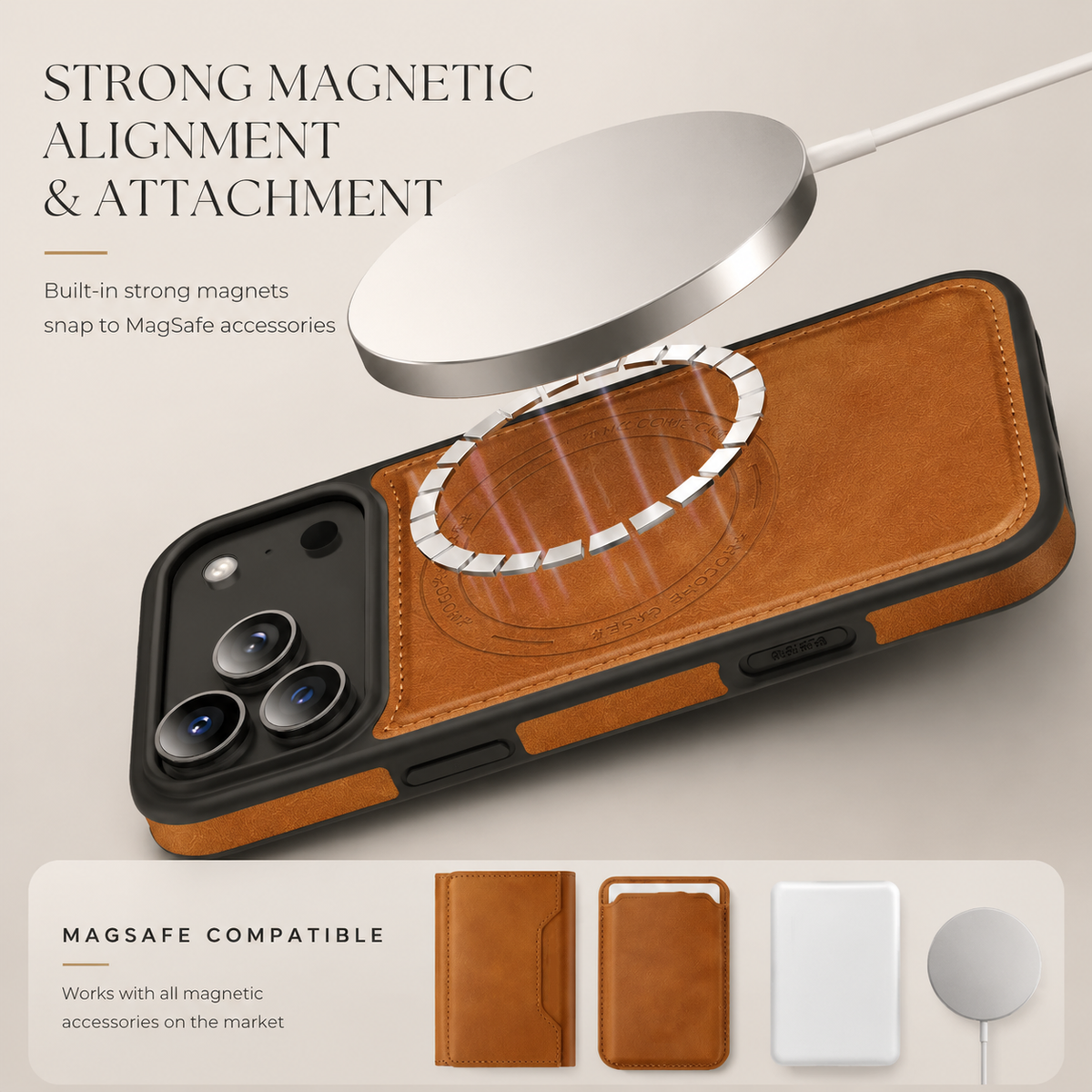 Premium iPhone Case Magnetic 2 In 1 Leather Card Holder Cover Wireless Charging Compatible Shockproof Dual Layer Protective Case