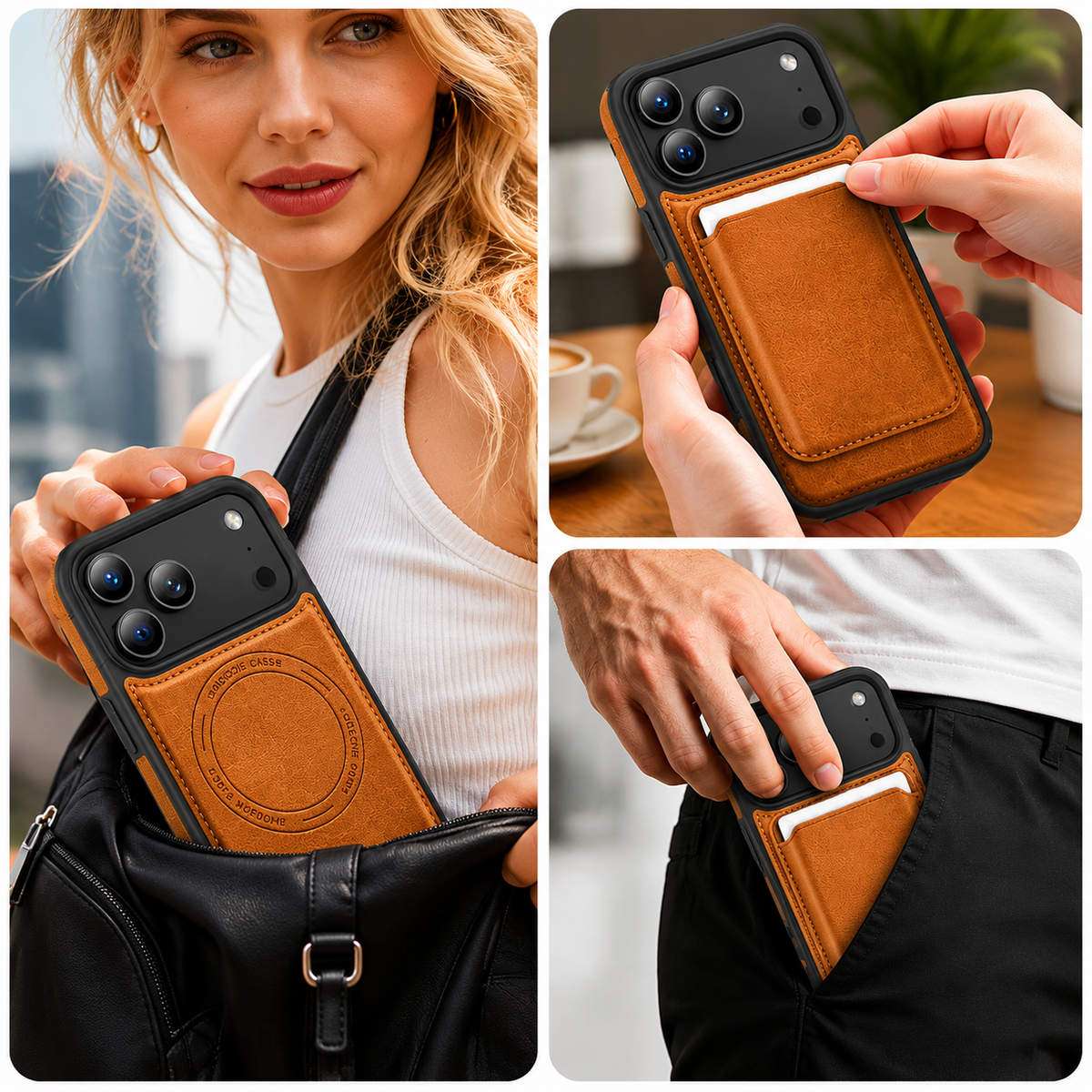 Premium iPhone Case Magnetic 2 In 1 Leather Card Holder Cover Wireless Charging Compatible Shockproof Dual Layer Protective Case