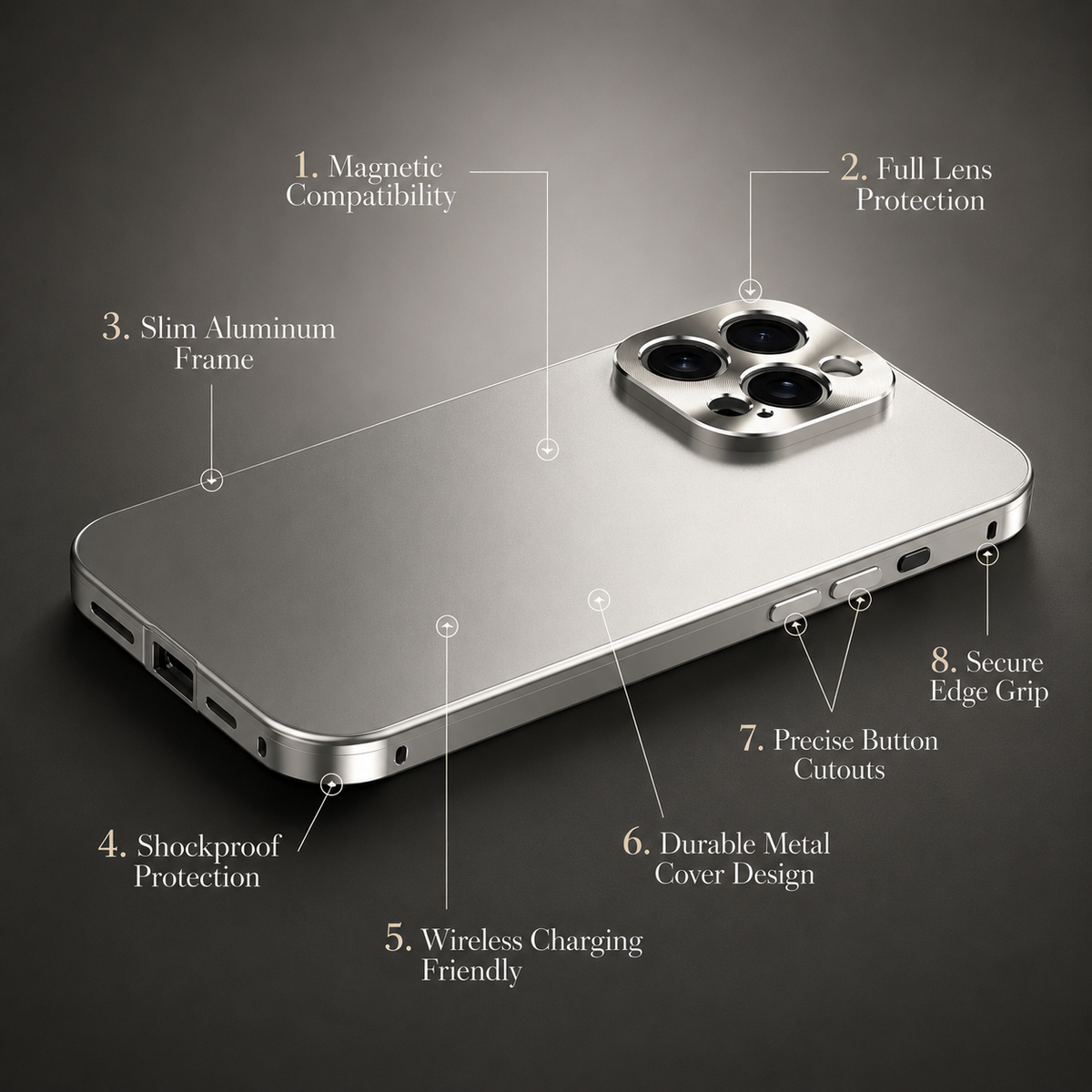 Premium iPhone Case Magnetic Aluminum Frame Shockproof Protective Cover Full Camera Lens Protection Slim Metal Design Wireless Charging Compatible