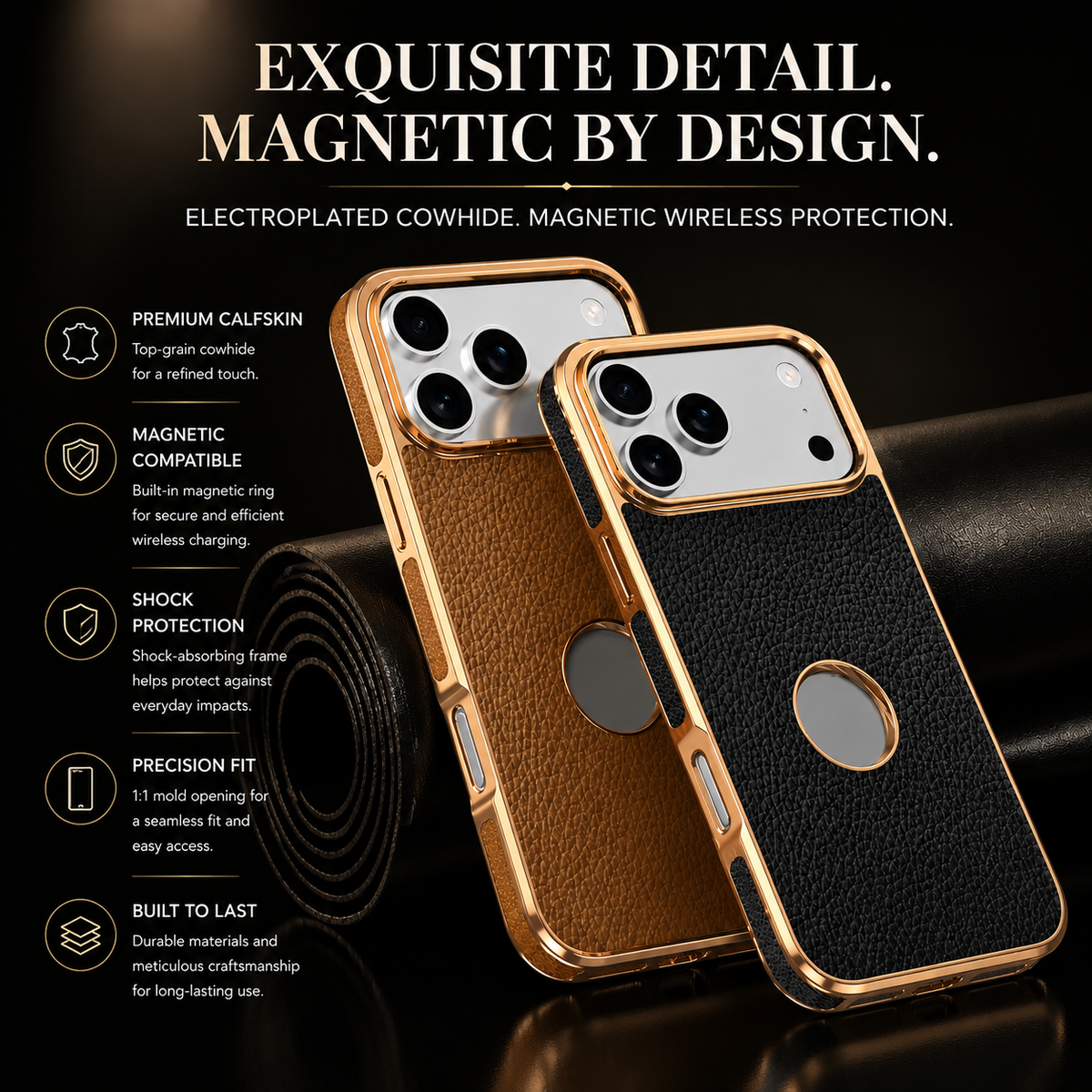 Premium iPhone Case Magnetic Cowhide Leather Cover Lychee Texture Slim Protective Anti Fingerprint Grip