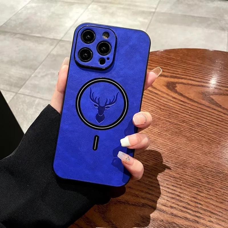 Premium iPhone Case Magnetic Deer Head Leather Cover Wireless Charging Compatible Shockproof Soft Protective Case with Matte Anti Fingerprint Finish