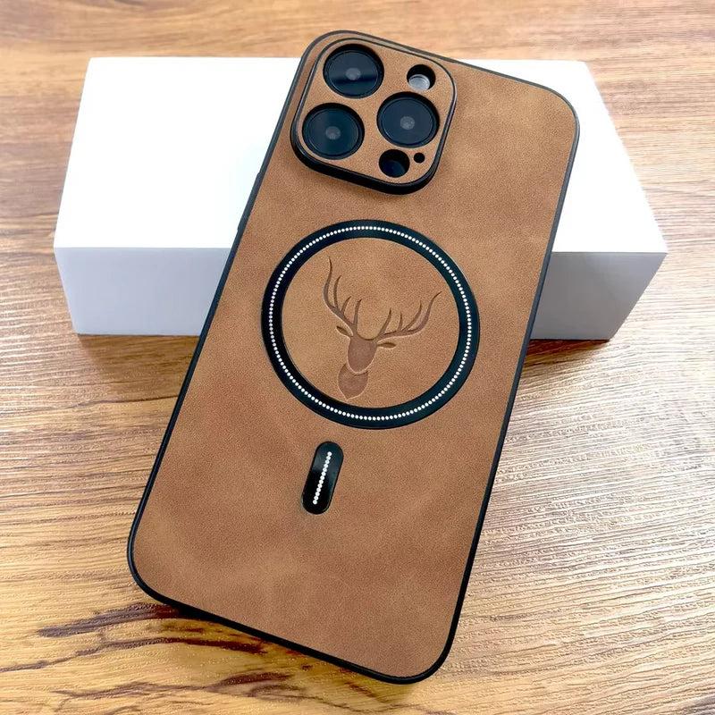 Premium iPhone Case Magnetic Deer Head Leather Cover Wireless Charging Compatible Shockproof Soft Protective Case with Matte Anti Fingerprint Finish