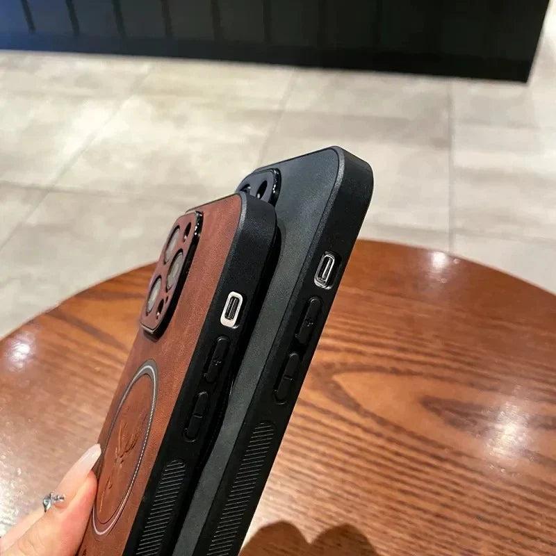 Premium iPhone Case Magnetic Deer Head Leather Cover Wireless Charging Compatible Shockproof Soft Protective Case with Matte Anti Fingerprint Finish