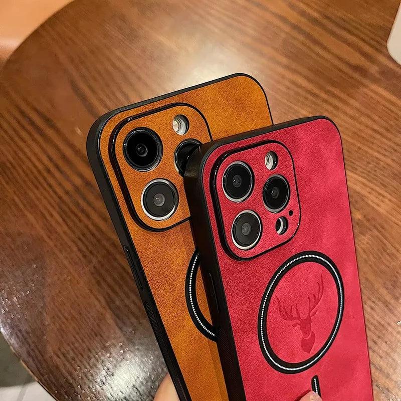 Premium iPhone Case Magnetic Deer Head Leather Cover Wireless Charging Compatible Shockproof Soft Protective Case with Matte Anti Fingerprint Finish