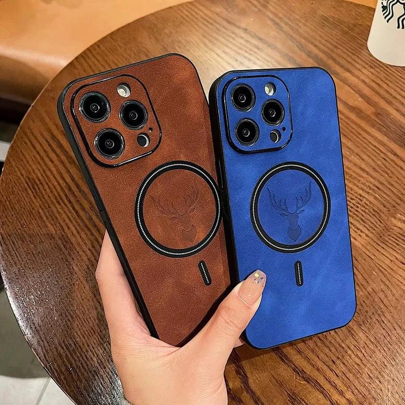 Premium iPhone Case Magnetic Deer Head Leather Cover Wireless Charging Compatible Shockproof Soft Protective Case with Matte Anti Fingerprint Finish