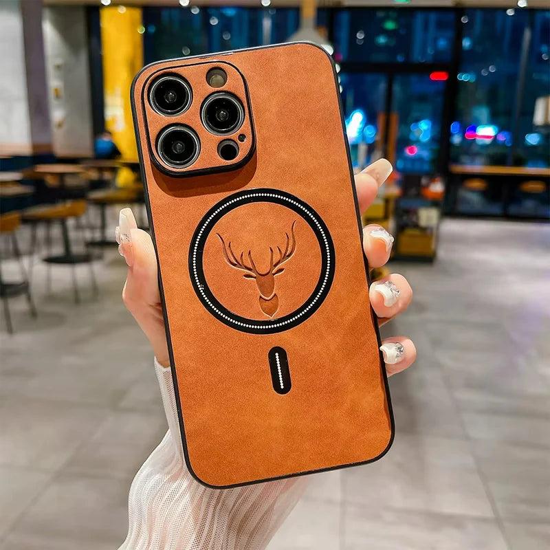 Premium iPhone Case Magnetic Deer Head Leather Cover Wireless Charging Compatible Shockproof Soft Protective Case with Matte Anti Fingerprint Finish